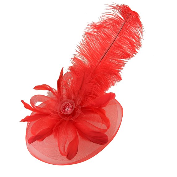 Chic Headwear Large Peacock Feather Rose Fascinator - Red