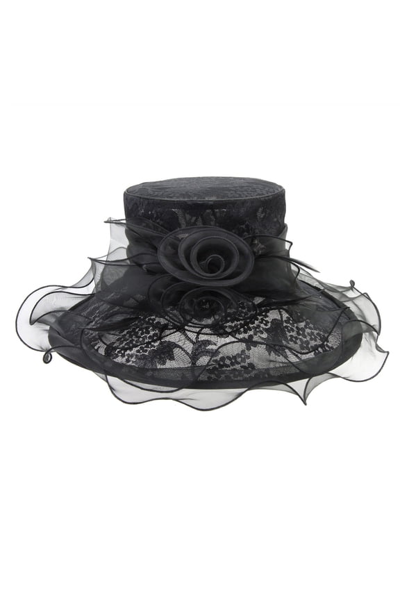 Medium Lace Organza Hat w/ Two Roses - Black