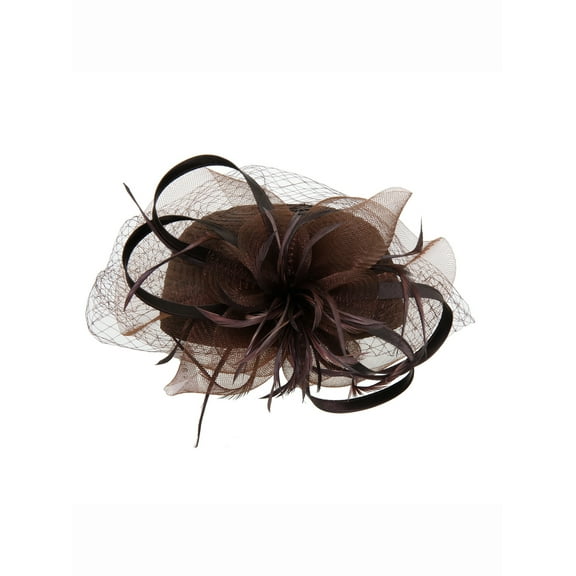 Chic Headwear Satin Braid Pill Box w/ Mesh and Feathers - Brown