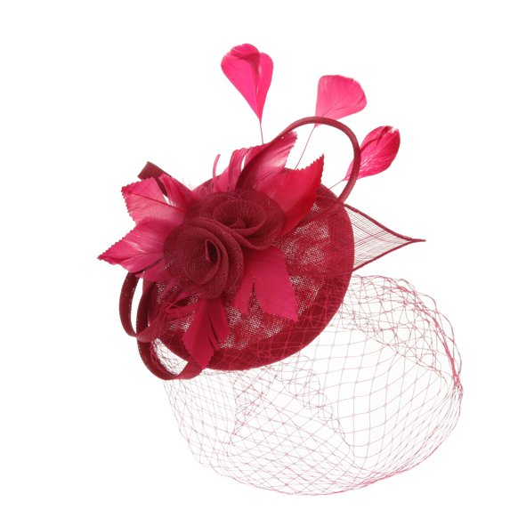 Chic Headwear Sinamay Rose Feather Bow Fascinator - Burgundy