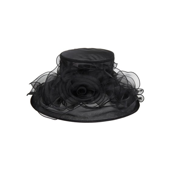 Chic Headwear Small Brim Ruffle Organza w/ Rose Center - Black