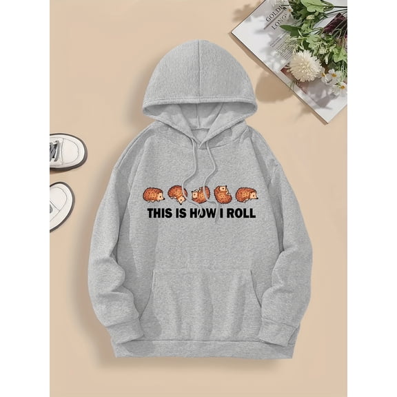 Chic Hedgehog & Letter Print Hoodie - Casual Pullover with Kangaroo Pocket, Soft Stretch Polyester, Perfect for Fall/Winter