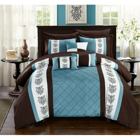 Chic Home Clayton 10 Piece Comforter Set Pintuck Pieced Block Embroidery Bed in a Bag with Sheet Set, Queen Blue Brown