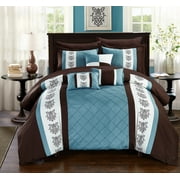Chic Home Clayton 10 Piece Comforter Set Pintuck Pieced Block Embroidery Bed in a Bag with Sheet Set, Queen Blue Brown