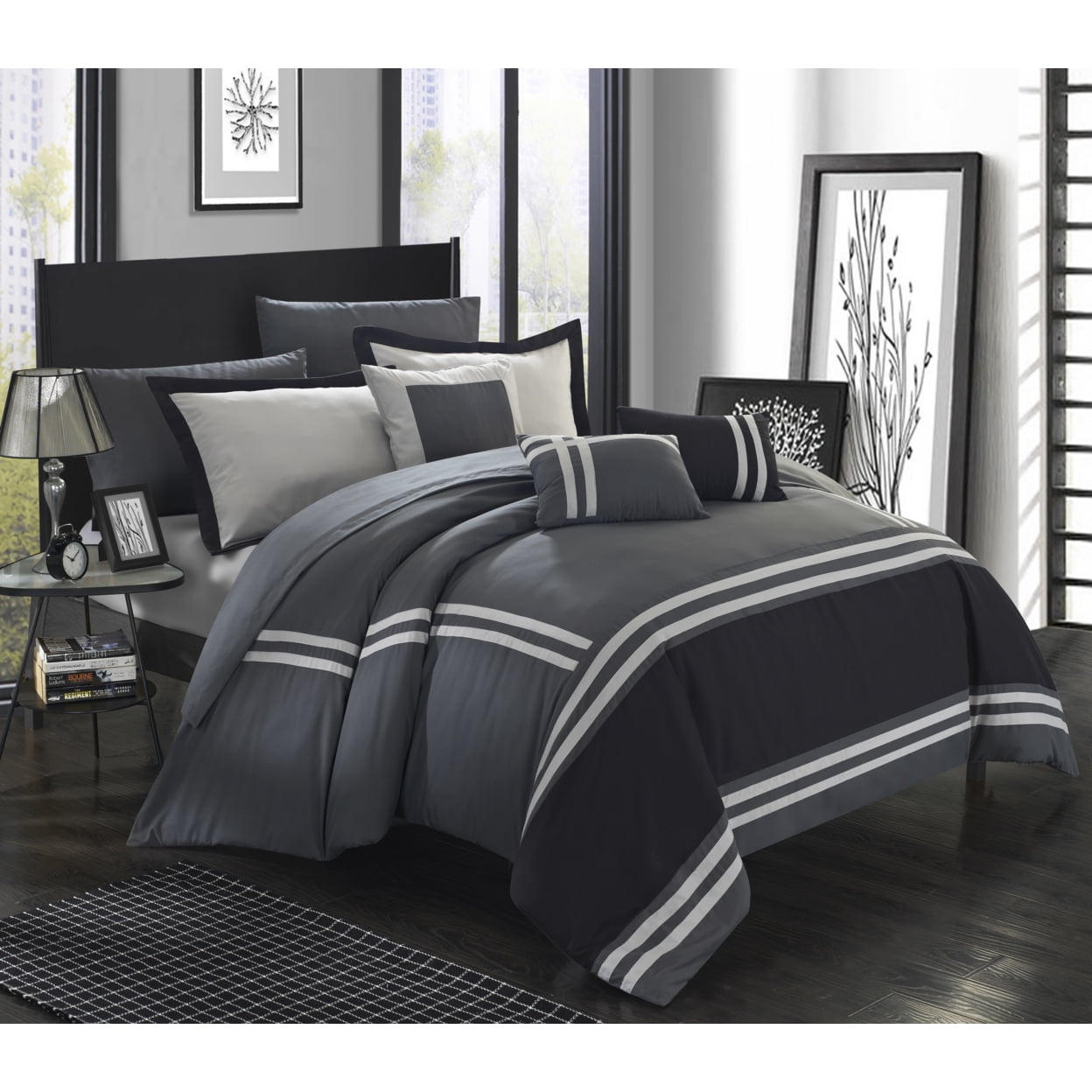 Chic Home 10 Piece Annabel Supersoft Oversized pieced color block banding collection Bed In a Bag Comforter Set