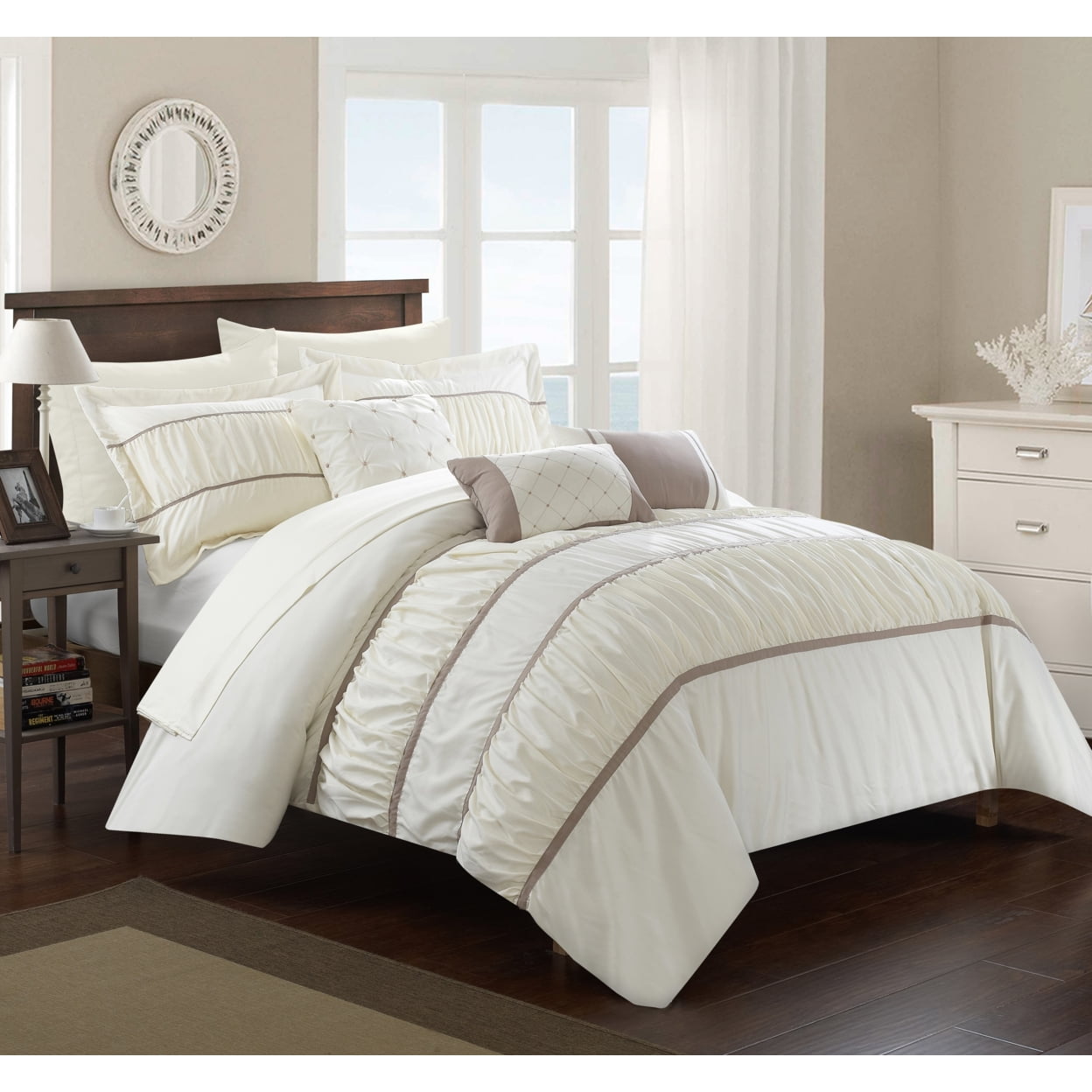 Elegant Queen Beige Microfiber Comforter Set with Decorative Pillows