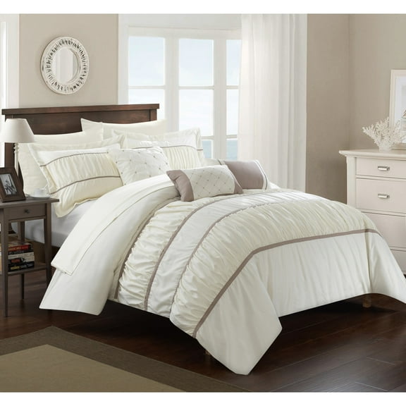 Chic Home 10 Piece Beige Ruffled Elegance Bed in a Bag, Queen