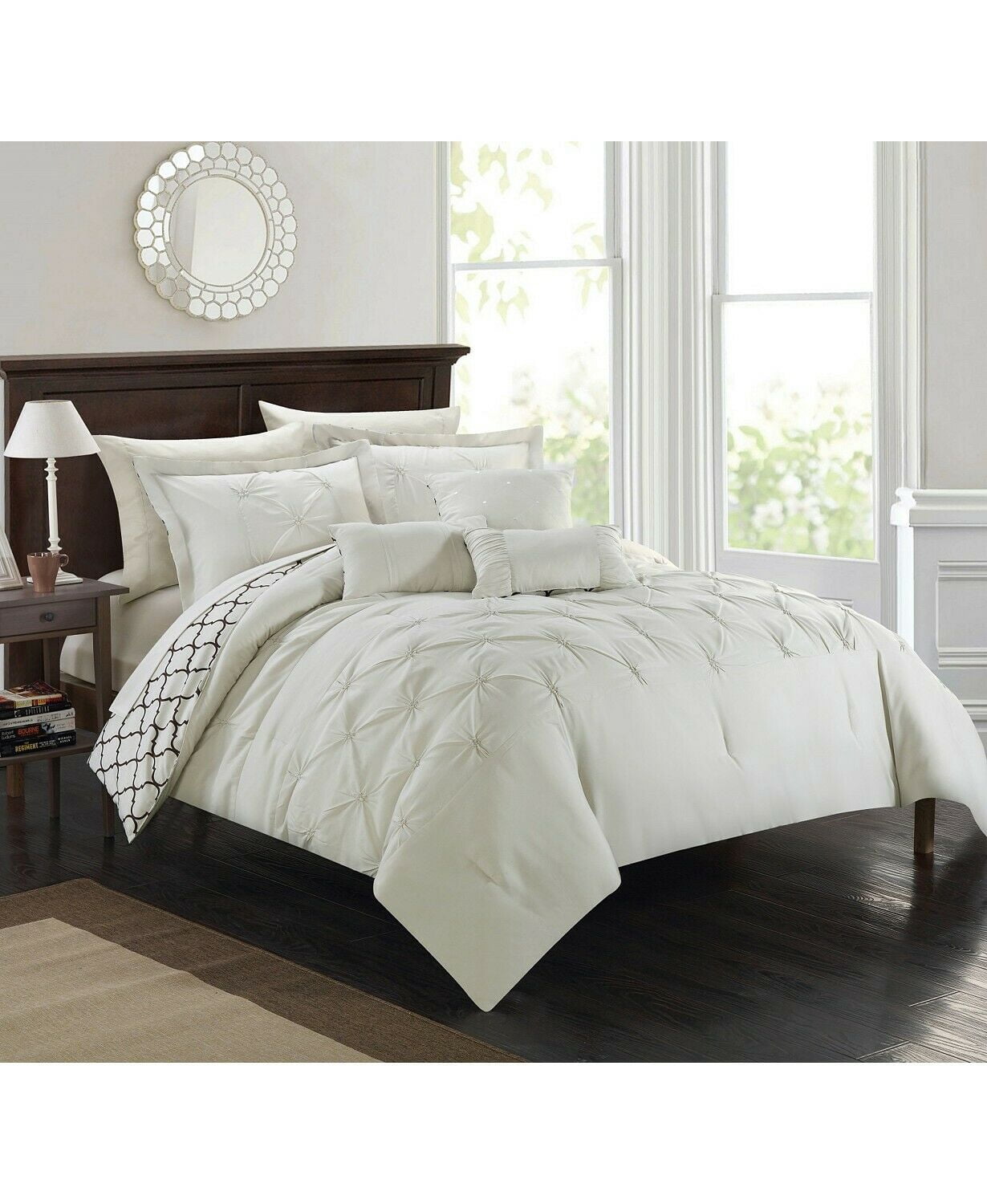 Chic Home 10 Piece Dorothy Pinch Pleated Ruffled and Reversible Geometric Design Printed King Bed In a Bag Comforter Set Beige With sheet set