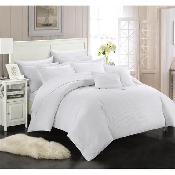 Chic Home 11 Piece Kennon Down Alternative Jacquard Striped King Comforter Set, White with Sheet Set
