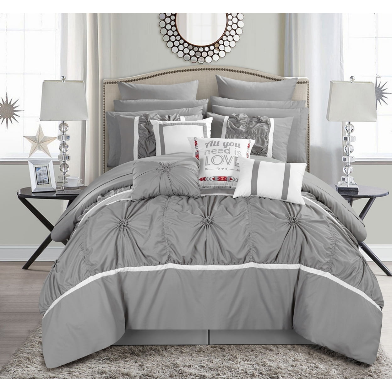 Ash Floral Pinch Pleat Ruffled King Comforter Set