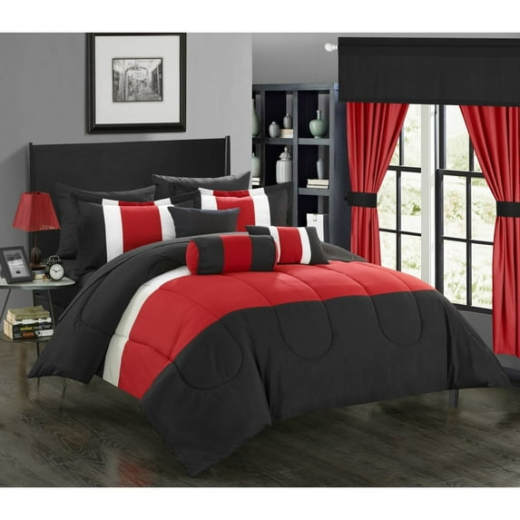 Chic Home 20 Piece Wanstead Complete pieced color block bedding sheets window panel collection Bed In a Bag Comforter