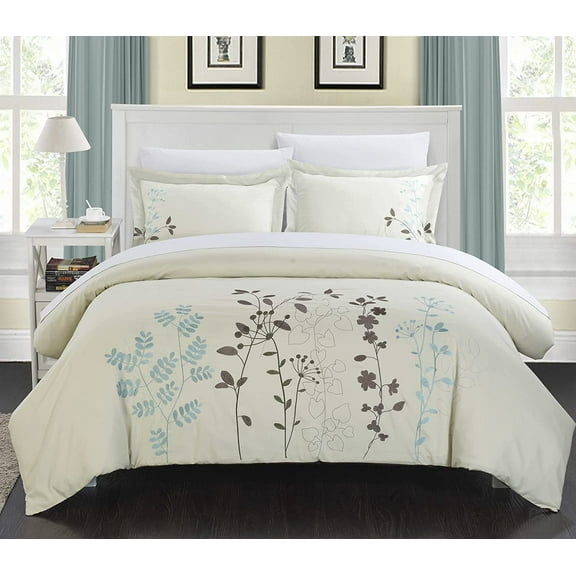 Chic Home 3 Piece Kaylee Floral Embroidered Queen Duvet Set Beige