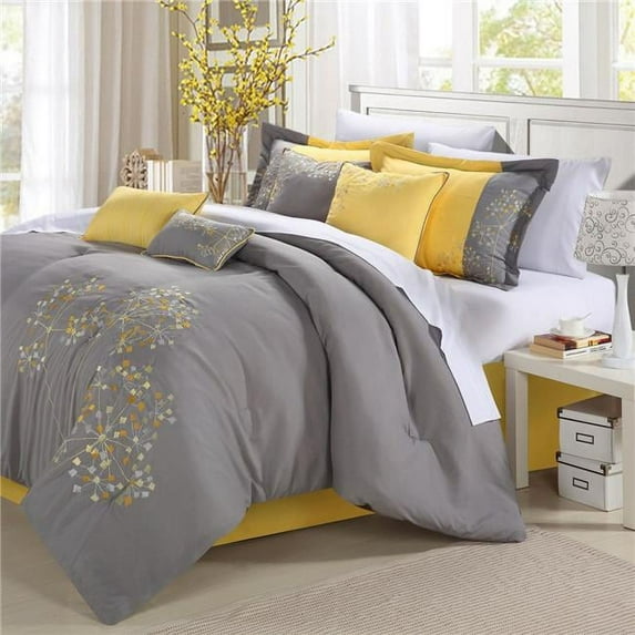 Chic Home 33CQ111-US Pink Floral Embroidered Comforter Set - Yellow - Queen - 8 Piece