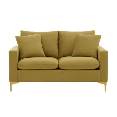 Chic Home 34.3 x 33.9 x 58.7 in. Roxey Velvet Upholstered Loveseat with Gold Tone Metal Y-Legs & 2 Decorative Pillows, Gold