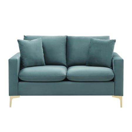 Chic Home 34.3 x 33.9 x 58.7 in. Roxey Velvet Upholstered Loveseat with Gold Tone Metal Y-Legs & 2 Decorative Pillows, Green