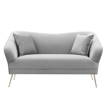 Chic Home 35 x 34.75 x 65 in. Ryker Velvet Upholstered Loveseat with Gold Tone Metal Legs & 2 Decorative Pillows, Gray