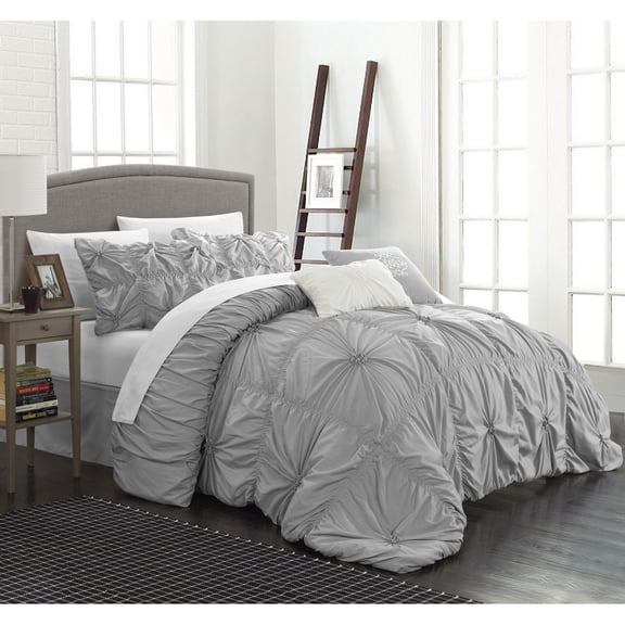 Chic Home 6 Piece Hilton Floral Pinch Pleat Ruffled Designer Embellished Comforter Set