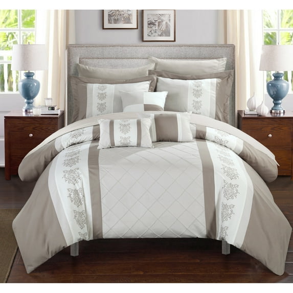Chic Home 8/10 Piece Adam Pintuck Pieced Color Block Embroidery Bed In a Bag Comforter Set With sheet set
