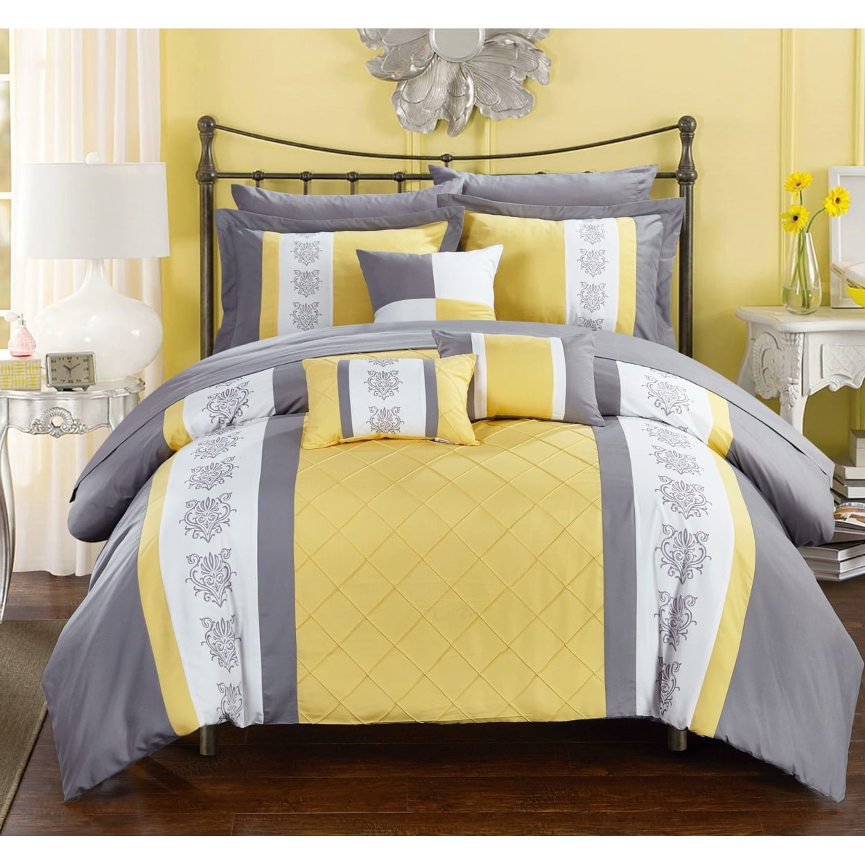 Queen Yellow and Gray Reversible Microfiber Bed in a Bag Set
