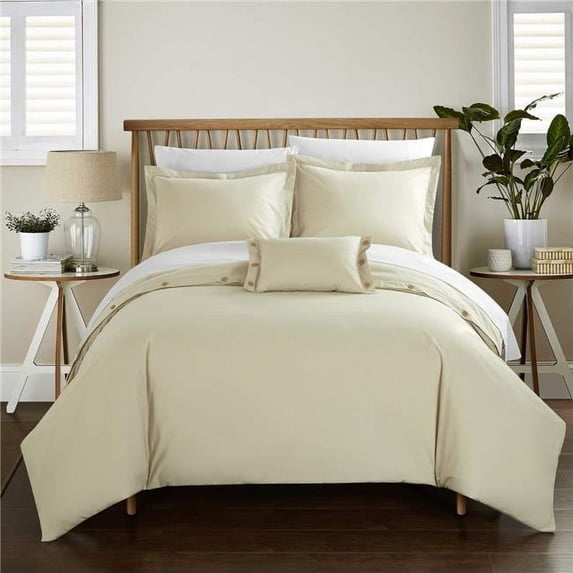 Chic Home 8 Piece Derick 200 Thread Count Combed Finish Twill Weave Decorative Button Closure Detail Queen Bed in a Bag Duvet Set - Beige with Sheet Set