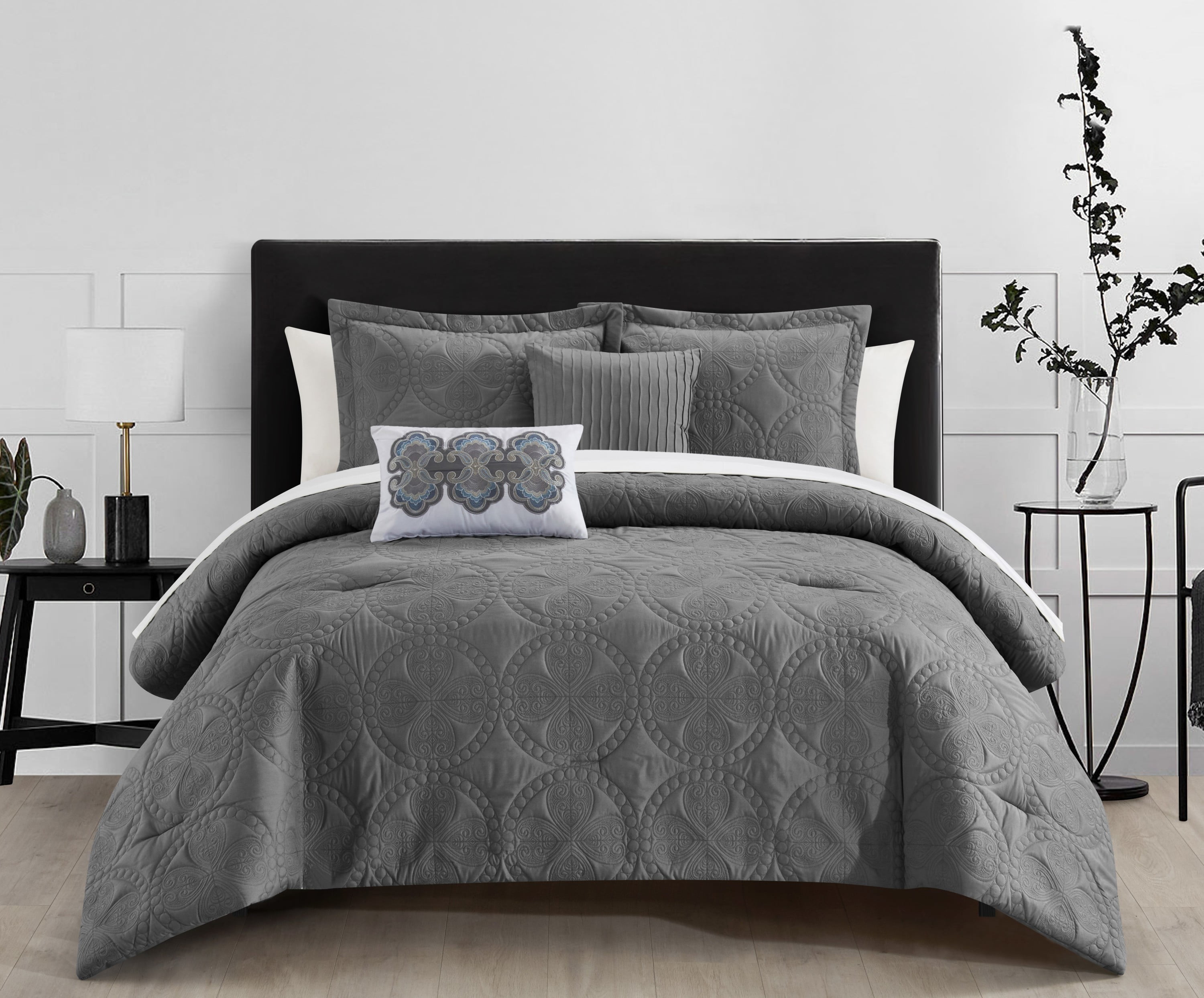 Chic Home Alina 5Piece Embroidered Comforter Set, Queen, Gray