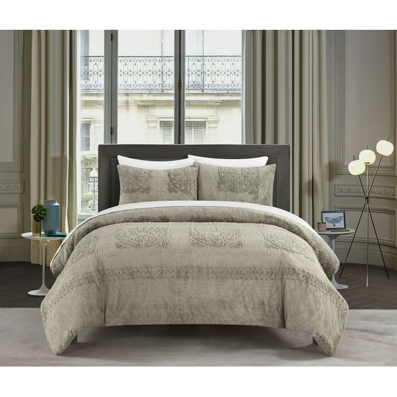 Chic Home Amara 5 Piece Comforter Set Embossed Mandala Pattern Faux Fur Micromink Backing Bed In A Bag Bedding - Sheets Pillowcase Pillow Sham Included, Twin XL, Beige