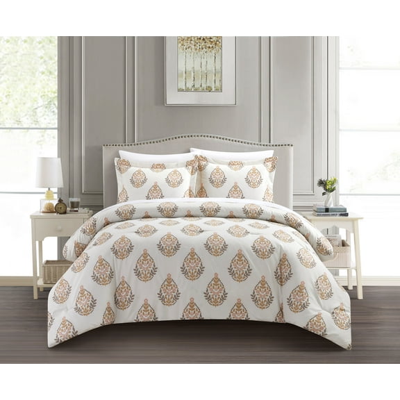 Chic Home Amelia 2 Piece Duvet Cover Set Floral Medallion Print Design Bedding with Zipper Closure - Pillow Sham Included, Twin, Taupe