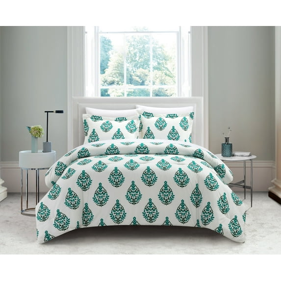 Chic Home Amelia 3 Piece Duvet Cover Set Floral Medallion Print Design Bedding with Zipper Closure - Pillow Shams Included, Queen, Green
