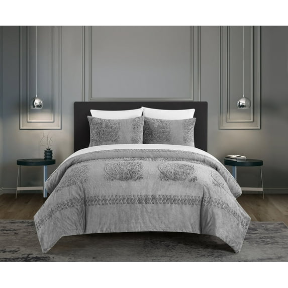Chic Home Amyra 7-Piece Embossed Microplush Quilted Micromink Comforter Set, Queen, Gray