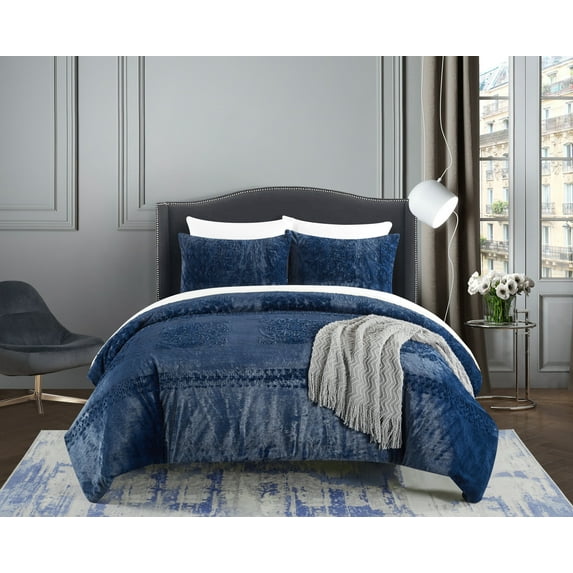 Chic Home Amyra 7-Piece Embossed Comforter Set, King, Navy