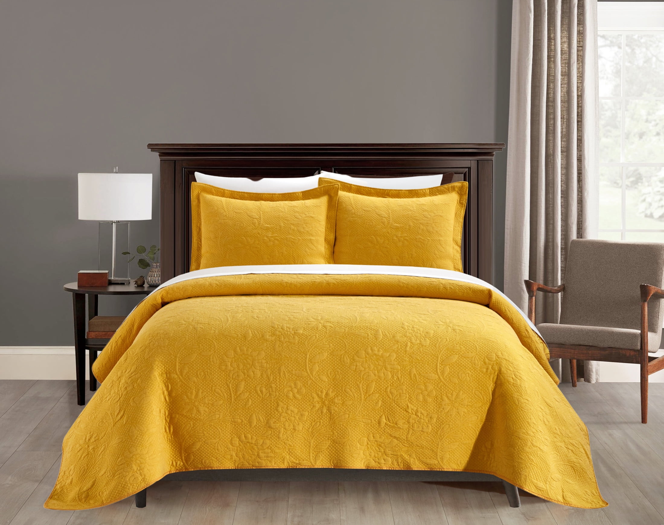 Chic Home Arron 3-Piece Floral Cotton Quilt Set, King, Mustard