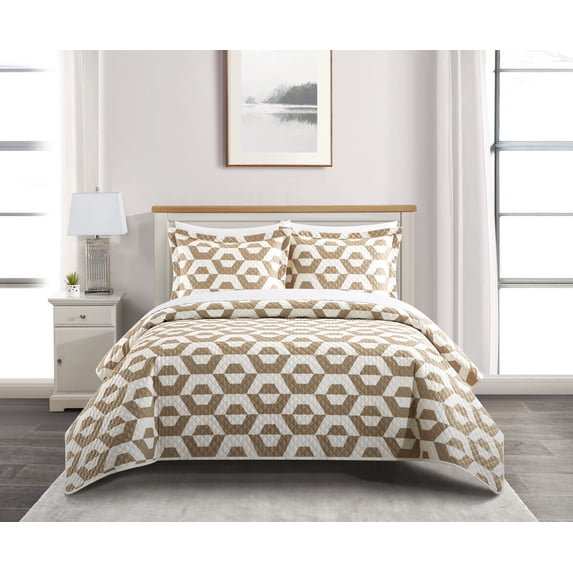 Chic Home Arthur 5 Piece Quilt Set Contemporary Geometric Hexagon Pattern Print Design Bed In A Bag Bedding - Sheets Pillowcase Pillow Sham Included, Twin, Beige
