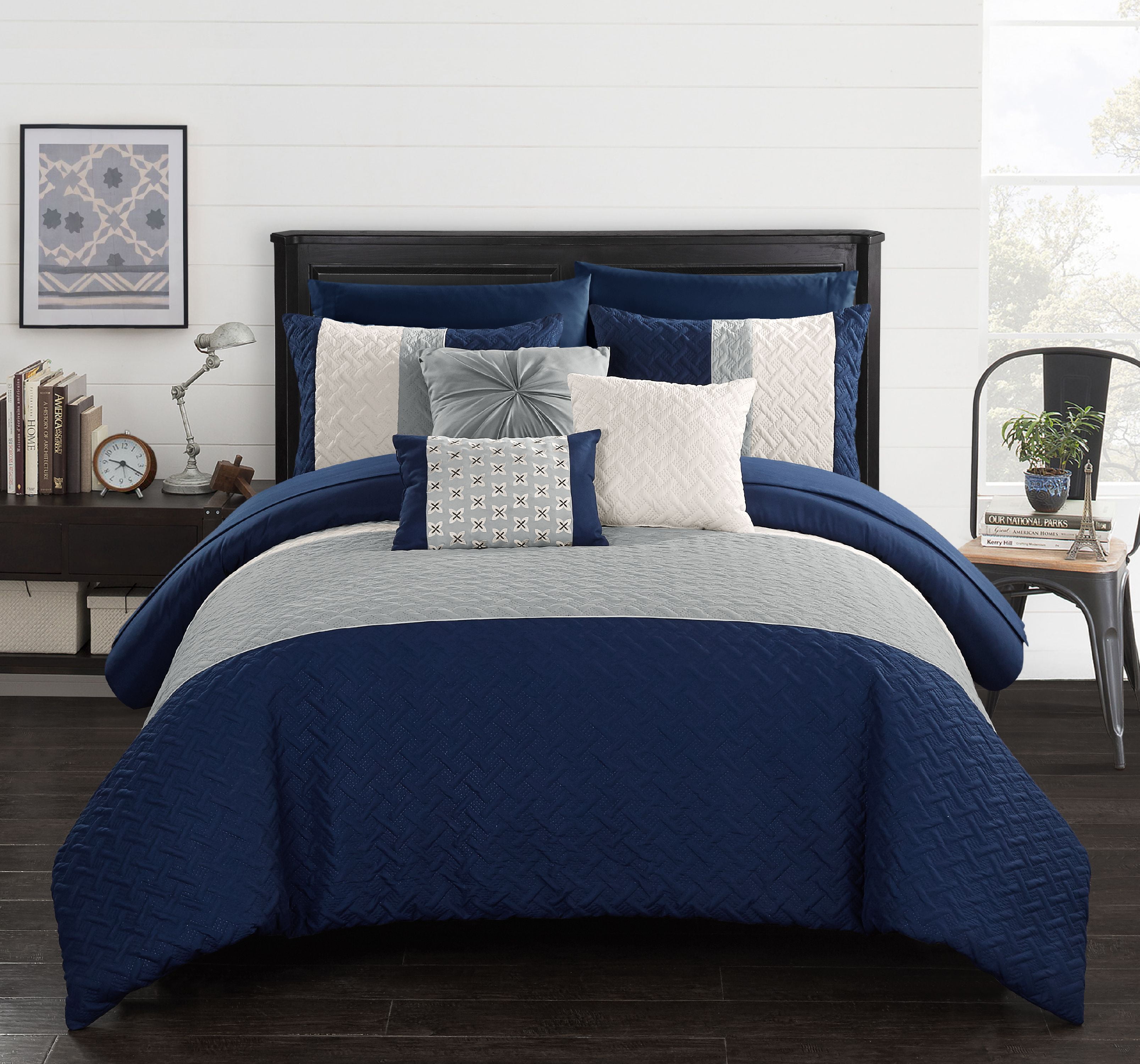 Chic Home Arza 10-Piece Quilted Embroidered Comforter Set, Queen, Navy ...