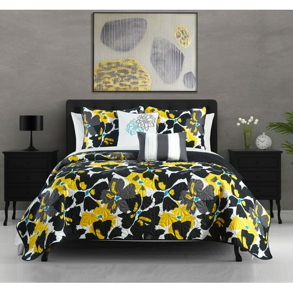 Chic Home Astra 7-Piece Floral Quilt Set, Twin XL, Black