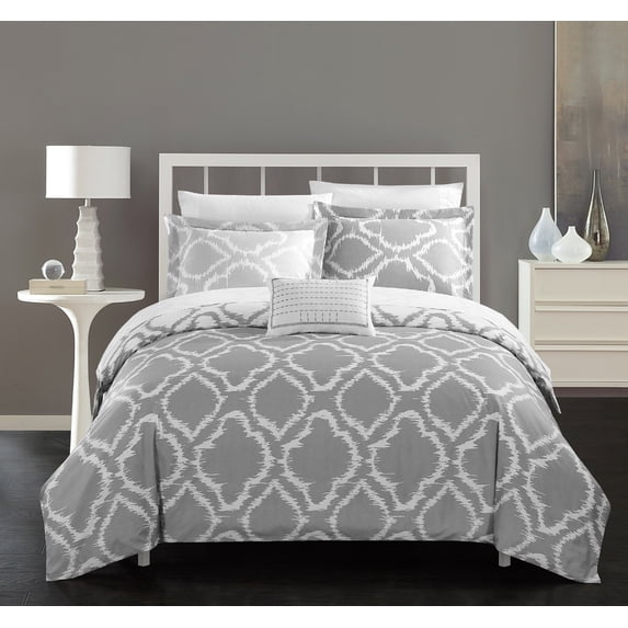 Chic Home Asya 8-Piece Reversible Geometric Duvet Cover Set, Queen, Grey