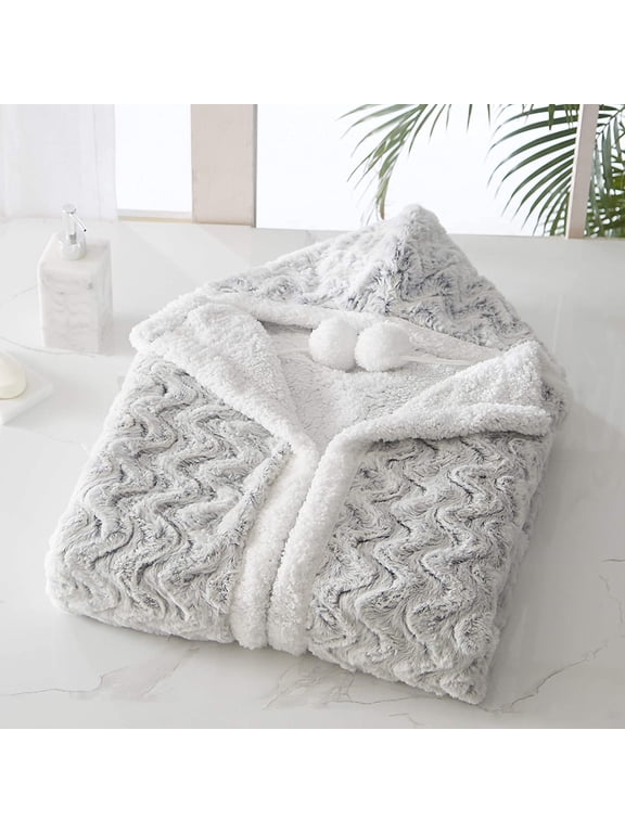 Auburn Snuggle Hoodie Wavy Animal Pattern Robe Cozy Super Soft Ultra Plush Coral Fleece Sherpa Lined Wearable Blanket with 2 Pockets Hood Drawstring Button Closure, Silver-White, 51 x 71