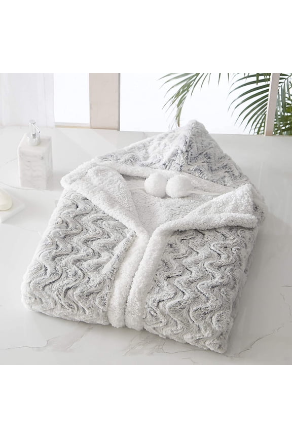 Auburn Snuggle Hoodie Wavy Animal Pattern Robe Cozy Super Soft Ultra Plush Coral Fleece Sherpa Lined Wearable Blanket with 2 Pockets Hood Drawstring Button Closure, Silver-White, 51 x 71