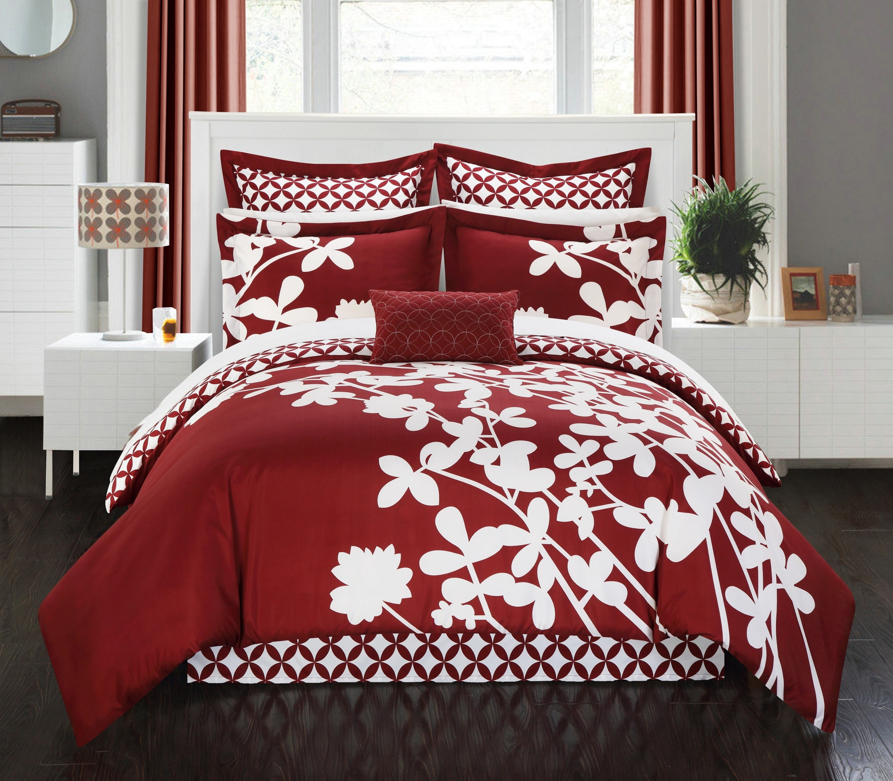 Chic Home Ayesha 7-Piece Reversible Floral Comforter Set, King, Red - Walmart.com