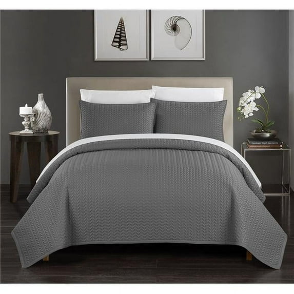Chic Home BQS00408-BIB-US 7 Piece Beiler Quilt Cover Set Geometric Chevron Quilted Bed in A Bag Bedding with Sheets Decorative Pillow, Charcoal Grey - Queen