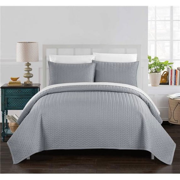 Chic Home BQS00439-US 3 Piece Beiler Quilt Cover Set Geometric Chevron Quilted Bedding with Decorative Pillow, Silver - Queen