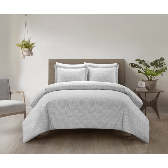 Chic Home Blaine Duvet Cover Set Contemporary Two Tone Striped Chevron Pattern Bed In A Bag Bedding - Sheets Pillowcases Pillow Shams Included - 7 Piece - Queen 90x90", Grey
