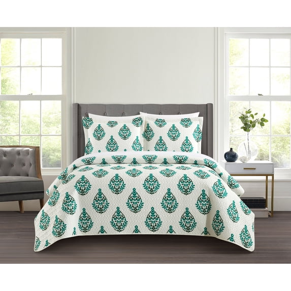 Chic Home Breana 3 Piece Quilt Set Floral Medallion Print Design Bedding - Pillow Shams Included, Queen, Green