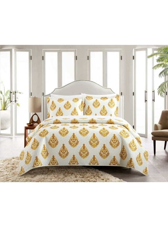 Chic Home Brennah 3-Piece Floral Medallion Print Bed In A Bag Quilt Set, King, Yellow