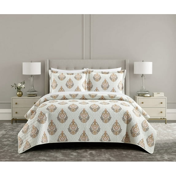 Chic Home Brennah 7-Piece Floral Medallion Printed Quilt Set, Queen, Taupe