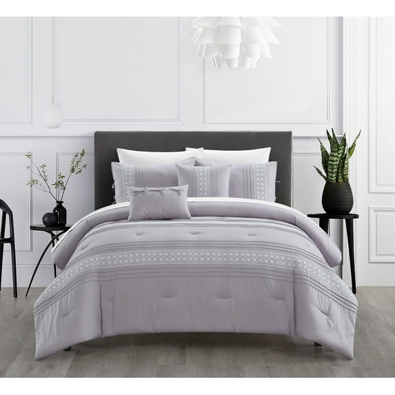 Chic Home Brice 7 Piece Comforter Set Pleated Embroidered Design Bed In A Bag - Sheet Set Decorative Pillows Sham Included, Twin, Lilac