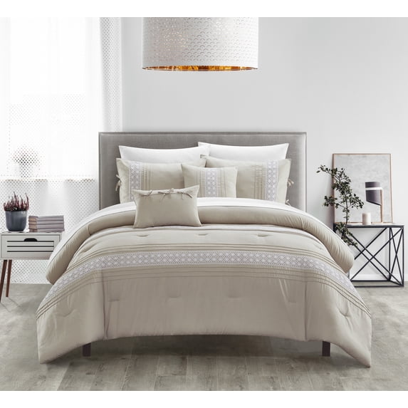 Chic Home Brye 9-Piece Embroidered Comforter Set, Queen, Beige