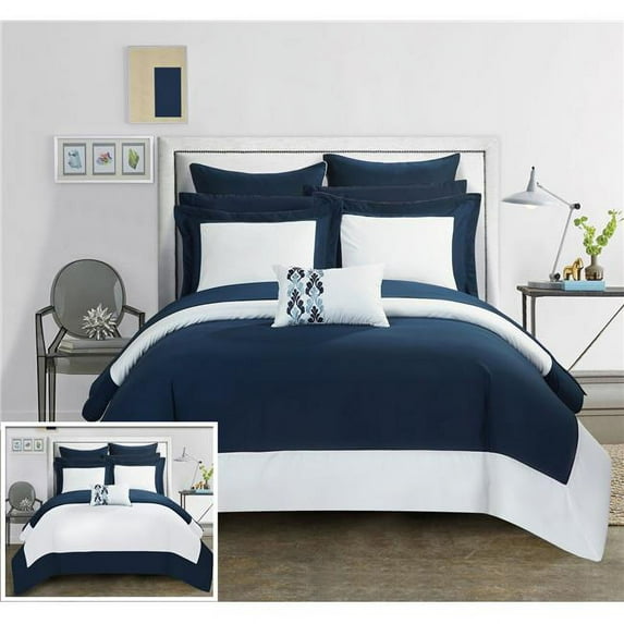 Chic Home CS0519-US Charlene Modern Two Tone Reversible Hotel Collection, Embellished Borders & Embroidery Decor Pillow Bed in a Bag Comforter Set with Sheets - Navy - King - 10 Piece