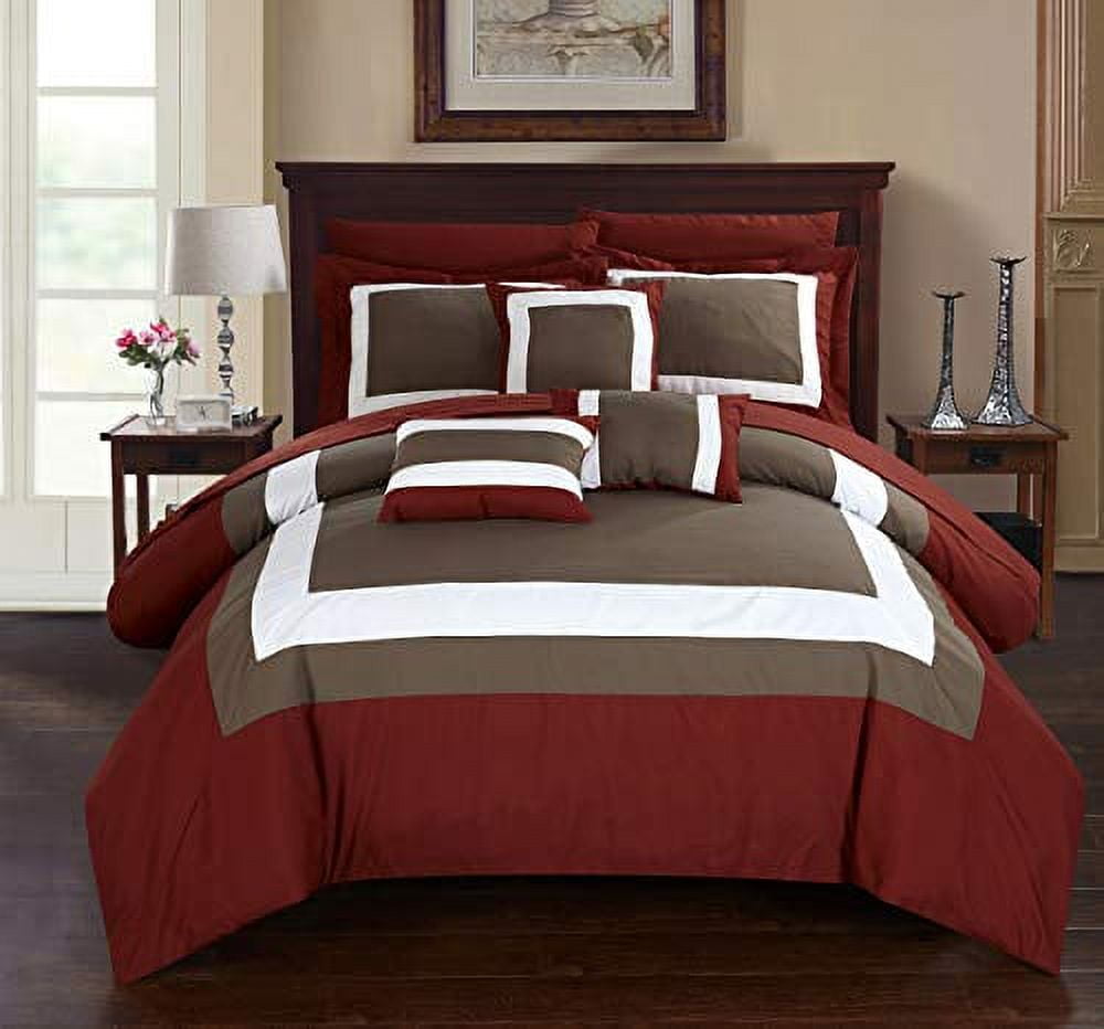 Chic Home CS1458-WT 10 Piece Duke Patchwork Color Block Complete King Bed in a Bag Comforter Set Brick Sheets Included
