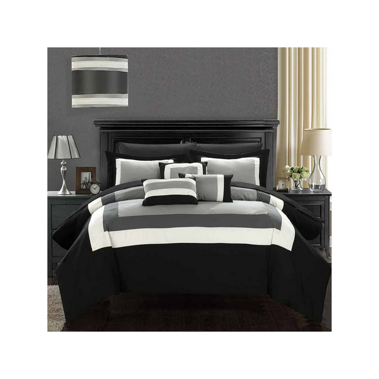 Chic Home Duke Pieced Color Block Bed in a Bag Comforter Set with Sheets -  Black - Queen - 10 Piece