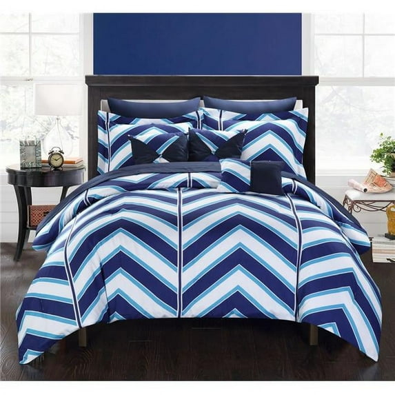 Chic Home CS1624-US 10 Piece Warrick Chevron & Geometric Printed Reversible Queen Bed in a Bag Comforter Set, Navy Sheets & Deocrative Pillows